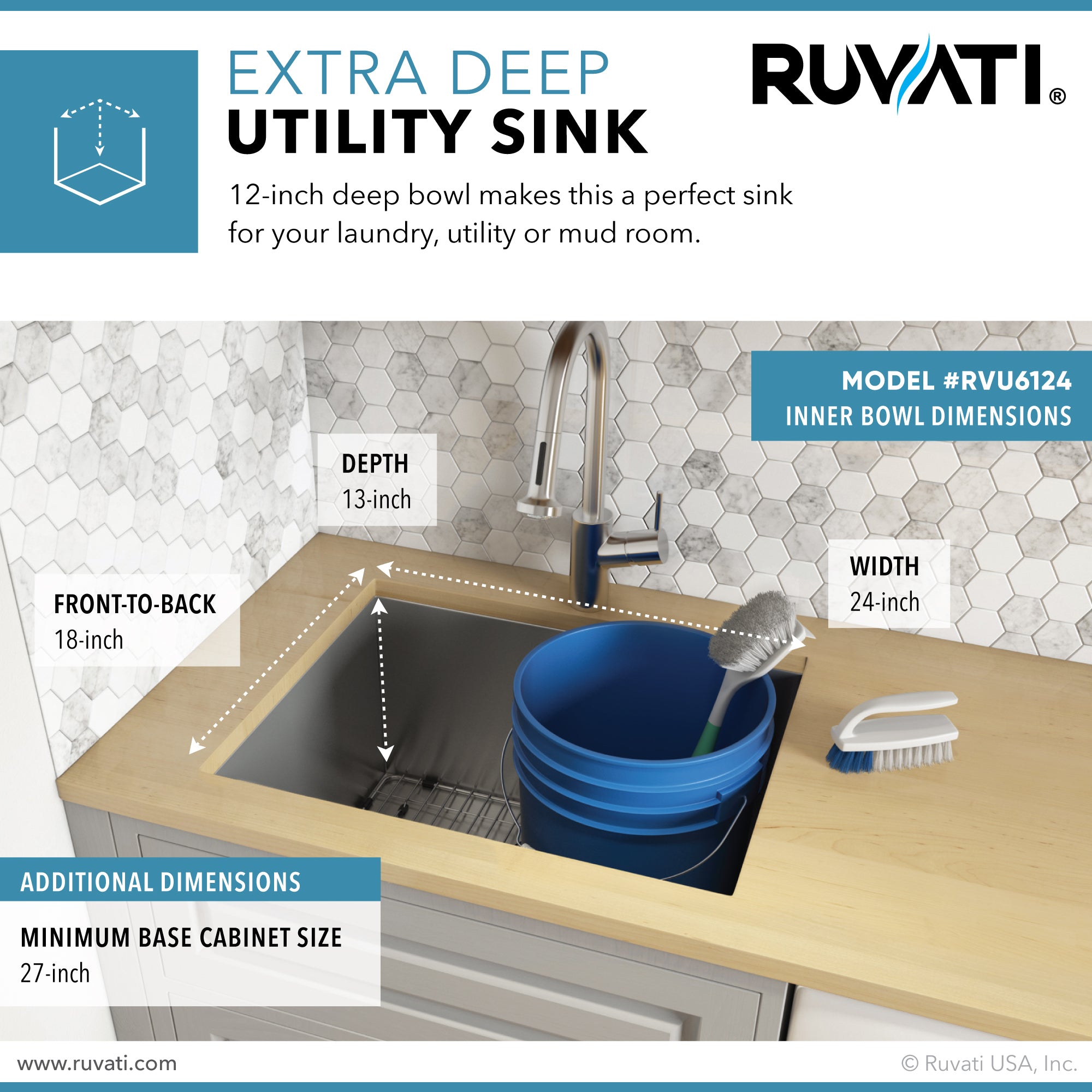 Ruvati RVU6124 24" x 18" x 13" Deep Undermount 16 Gauge Stainless Steel Laundry Utility Sink