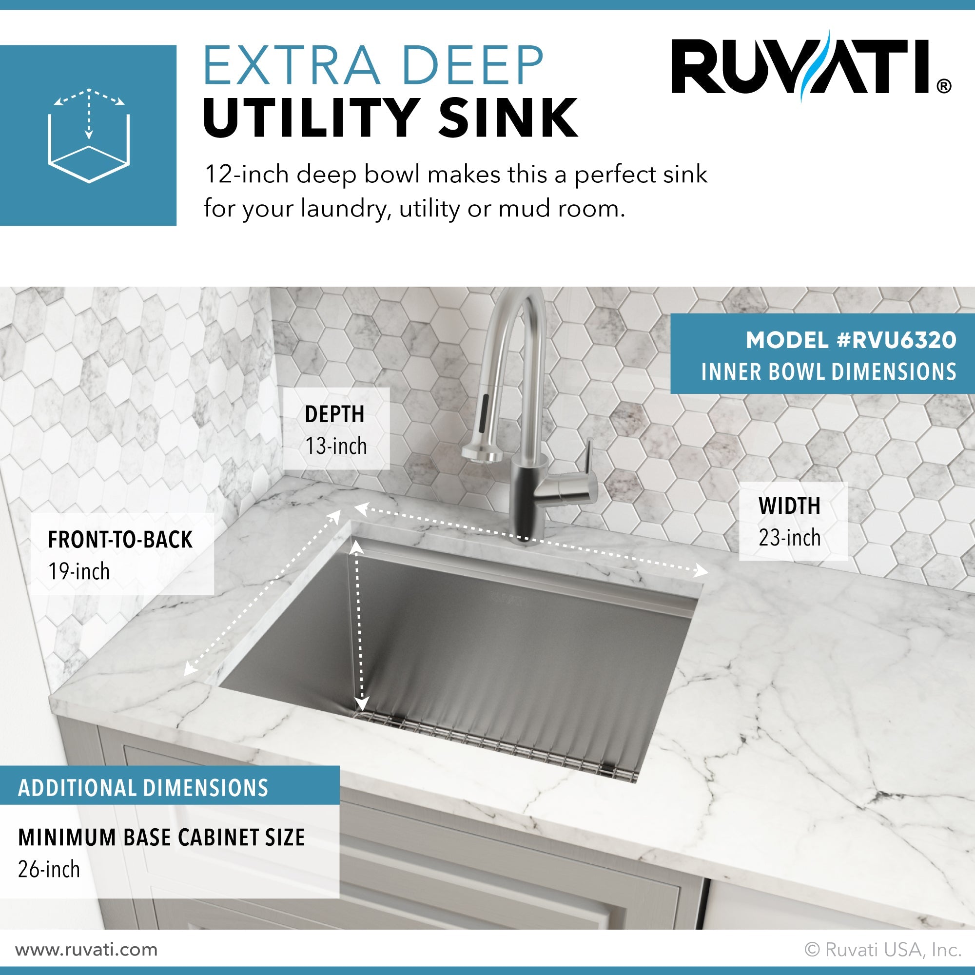Ruvati RVU6320 23" x 19" x 13" Deep Undermount 16 Gauge Laundry Utility Workstation Sink