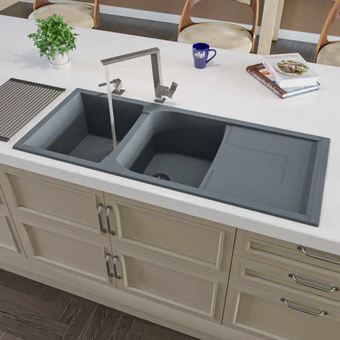 ALFI Brand 46" Double Bowl Granite Composite Kitchen Sink with Drainboard