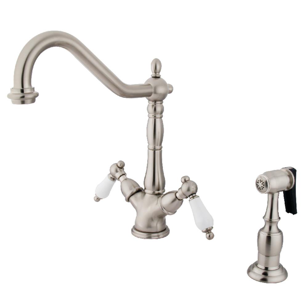 Kingston Brass Heritage 2-Handle Kitchen Faucet with Brass Sprayer and 8-Inch Plate