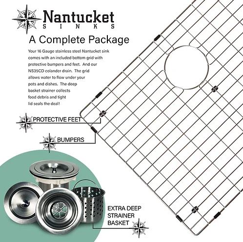 Nantucket D Sink, 16 gauge package with bottom grid and deep strainer basket