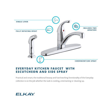 Elkay Everyday Four Hole Deck Mount Kitchen Faucet with Lever Handle and Side Spray and Escutcheon Chrome-DirectSinks
