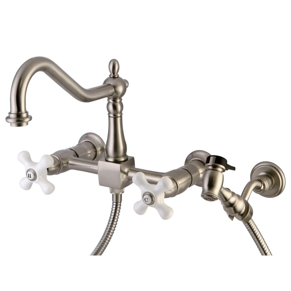 Kingston Brass Heritage 3-Hole 8" Wall Mount Kitchen Faucet with Brass Sprayer