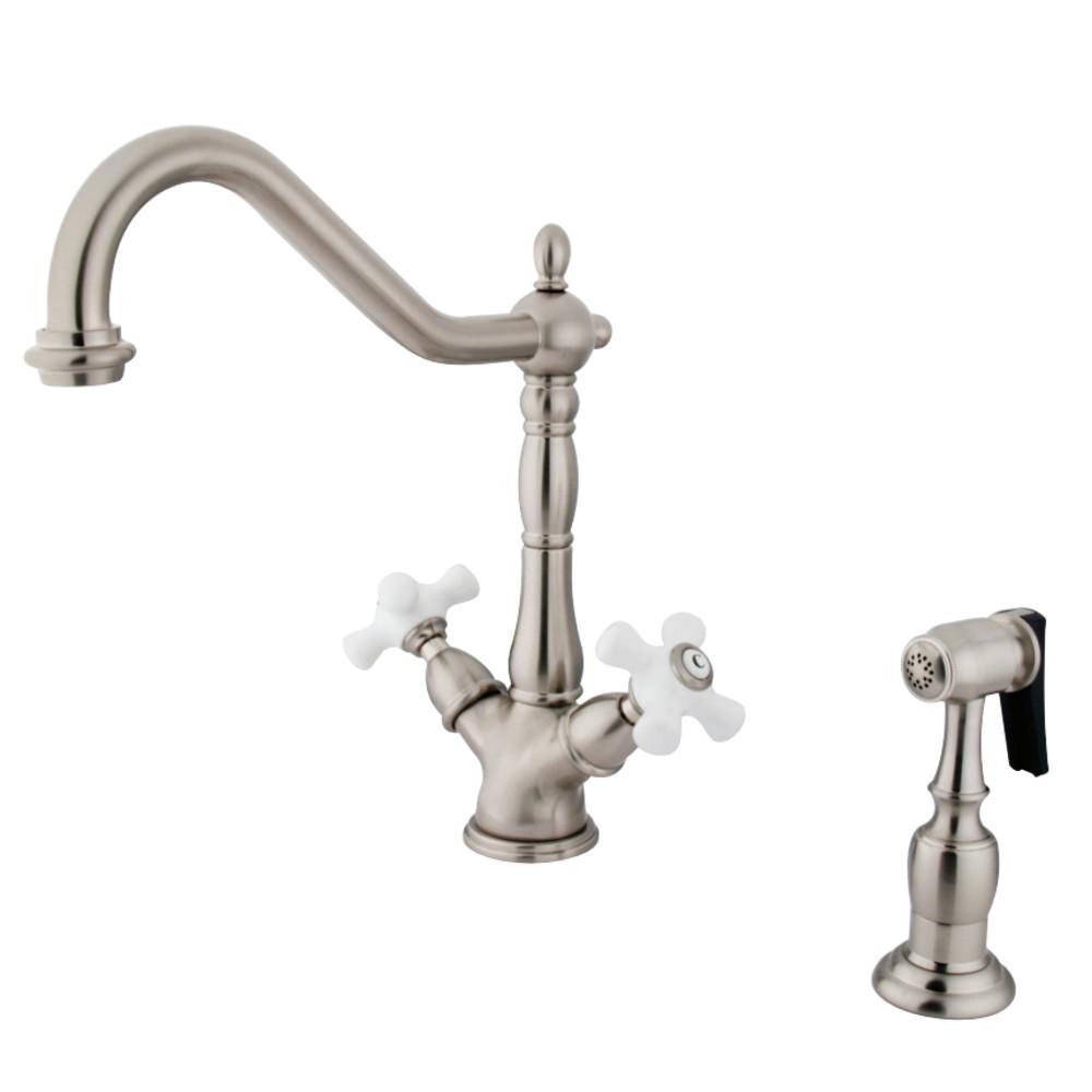 Kingston Brass Heritage Deck Mount 2-Handle Kitchen Faucet with Brass Sprayer and 8-Inch Plate