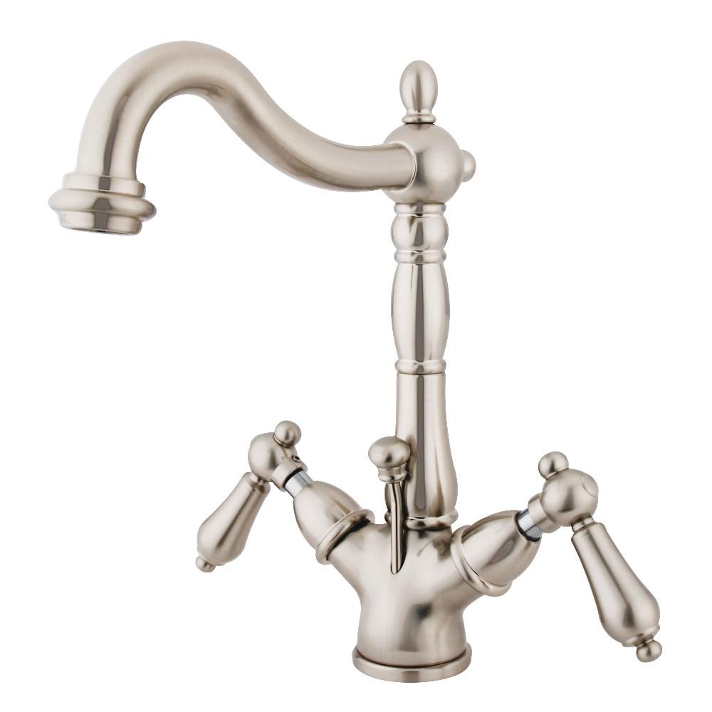 Kingston Brass Heritage Deck Mount 4-Inch Centerset Bathroom Faucet with Pop-Up Drain
