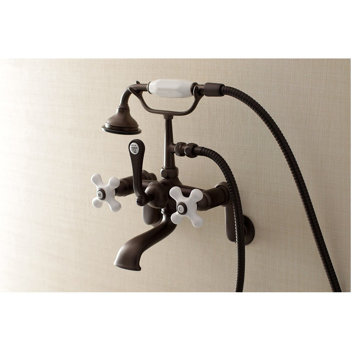 Kingston Brass Aqua Vintage 2-Hole Wall Mount Clawfoot Tub Faucet with Hand Shower