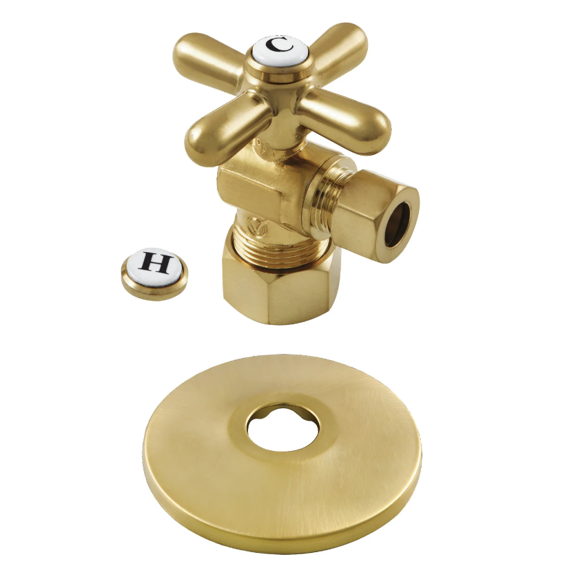 Kingston Brass CC53307XK 5/8-Inch X 3/8-Inch OD Comp Quarter-Turn Angle Stop Valve with Flange, Brushed Brass
