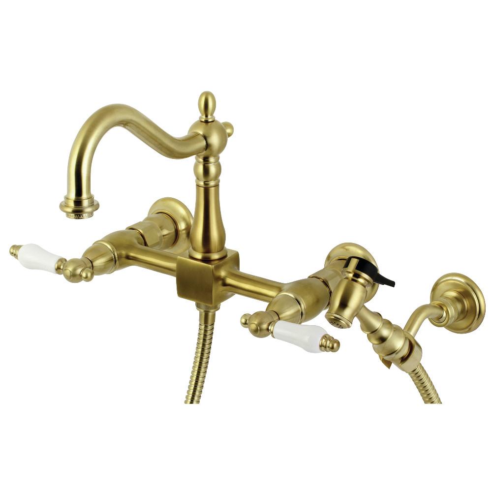 Kingston Brass Heritage Wall Mount 8-Inch Centerset Kitchen Faucet with Brass Sprayer