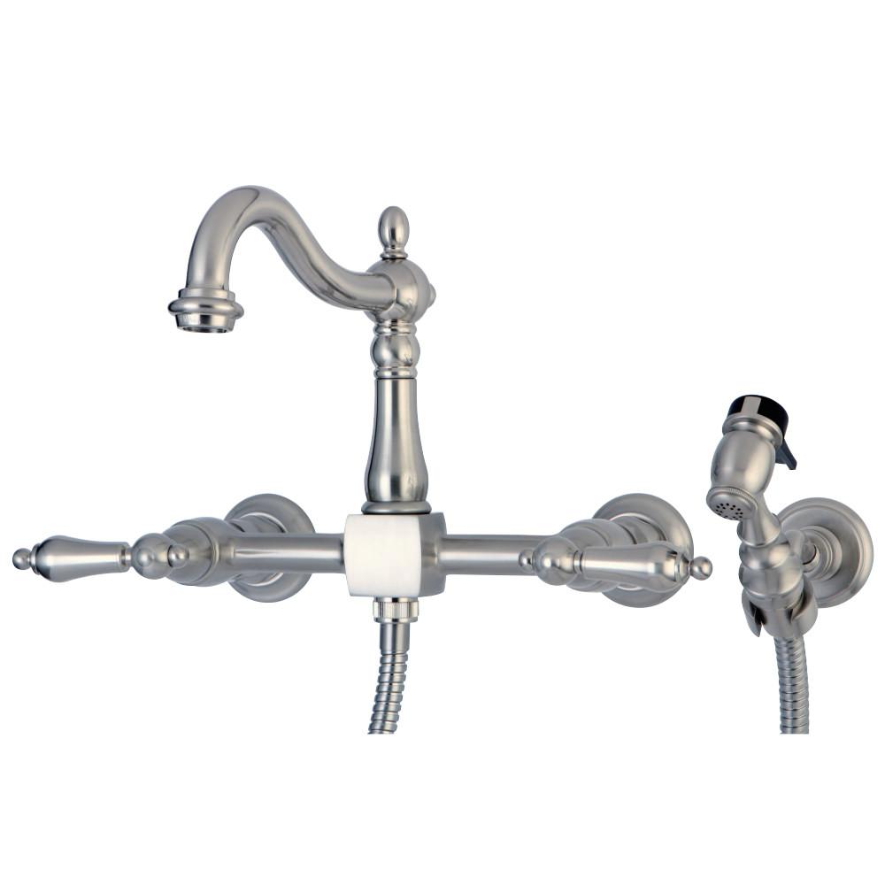 Kingston Brass Heritage 8-Inch Centerset Wall Mount Kitchen Faucet with Brass Sprayer
