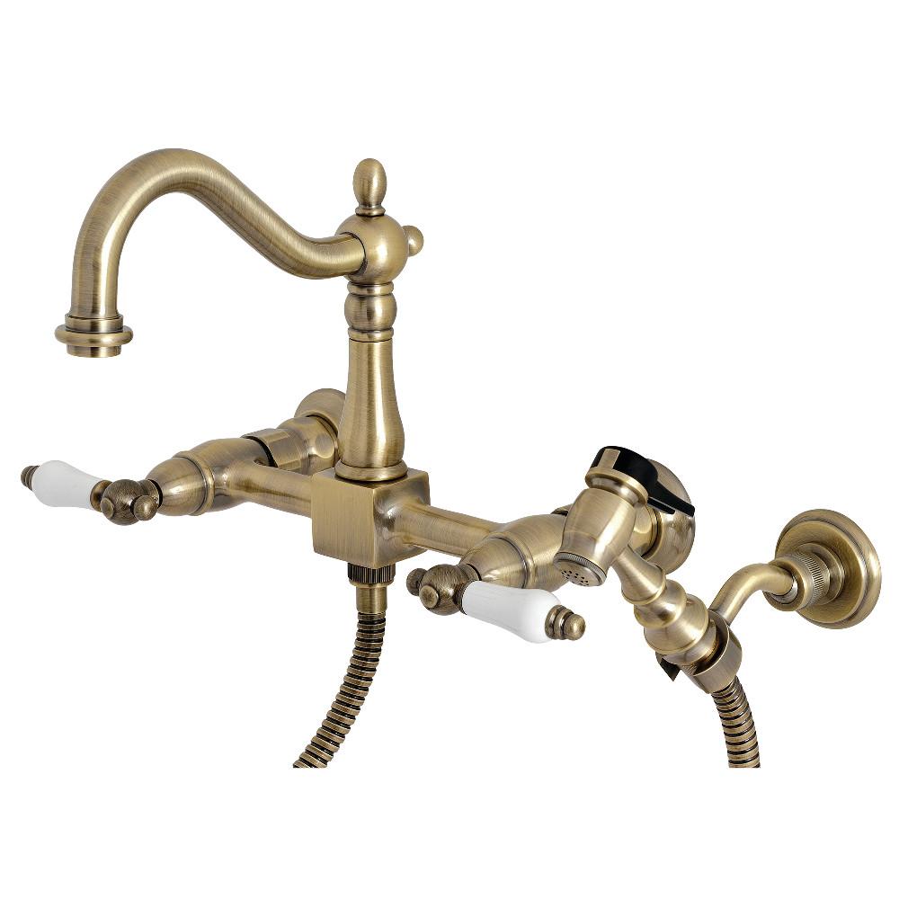 Kingston Brass Heritage Wall Mount 8-Inch Centerset Kitchen Faucet with Brass Sprayer