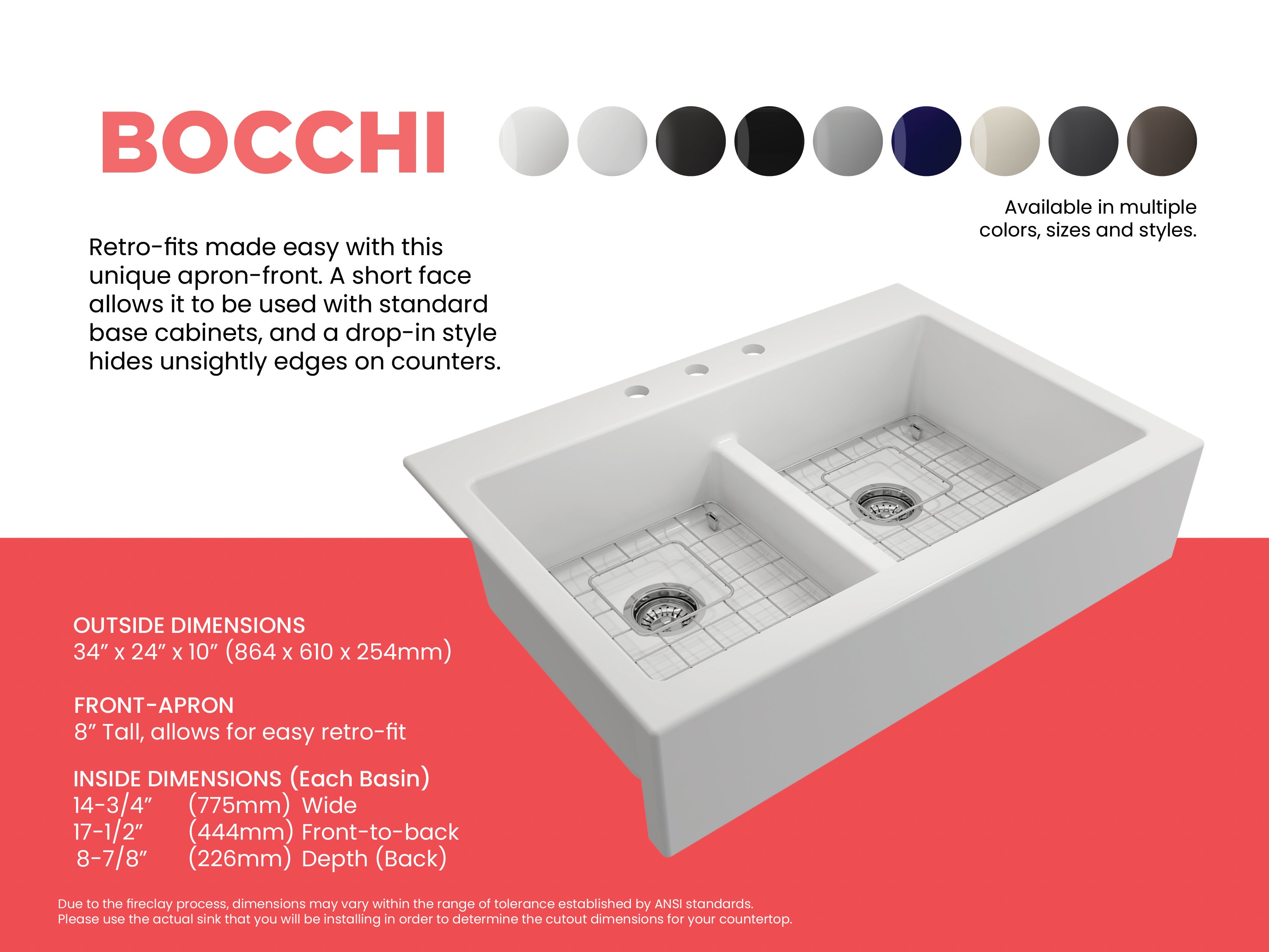 Bocchi Nuova 34" Double Bowl Top Mount Retrofit Farmhouse Sink - Gloss White