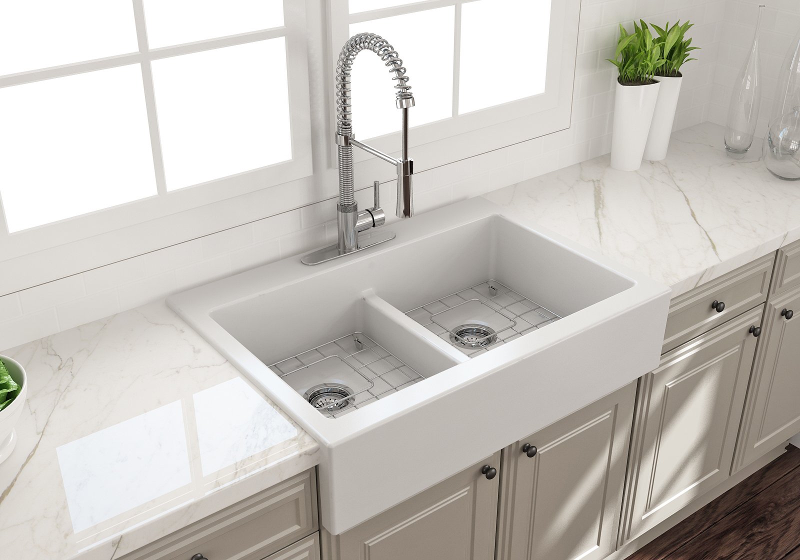 Bocchi Nuova 34" Double Bowl Top Mount Retrofit Farmhouse Sink - Gloss White