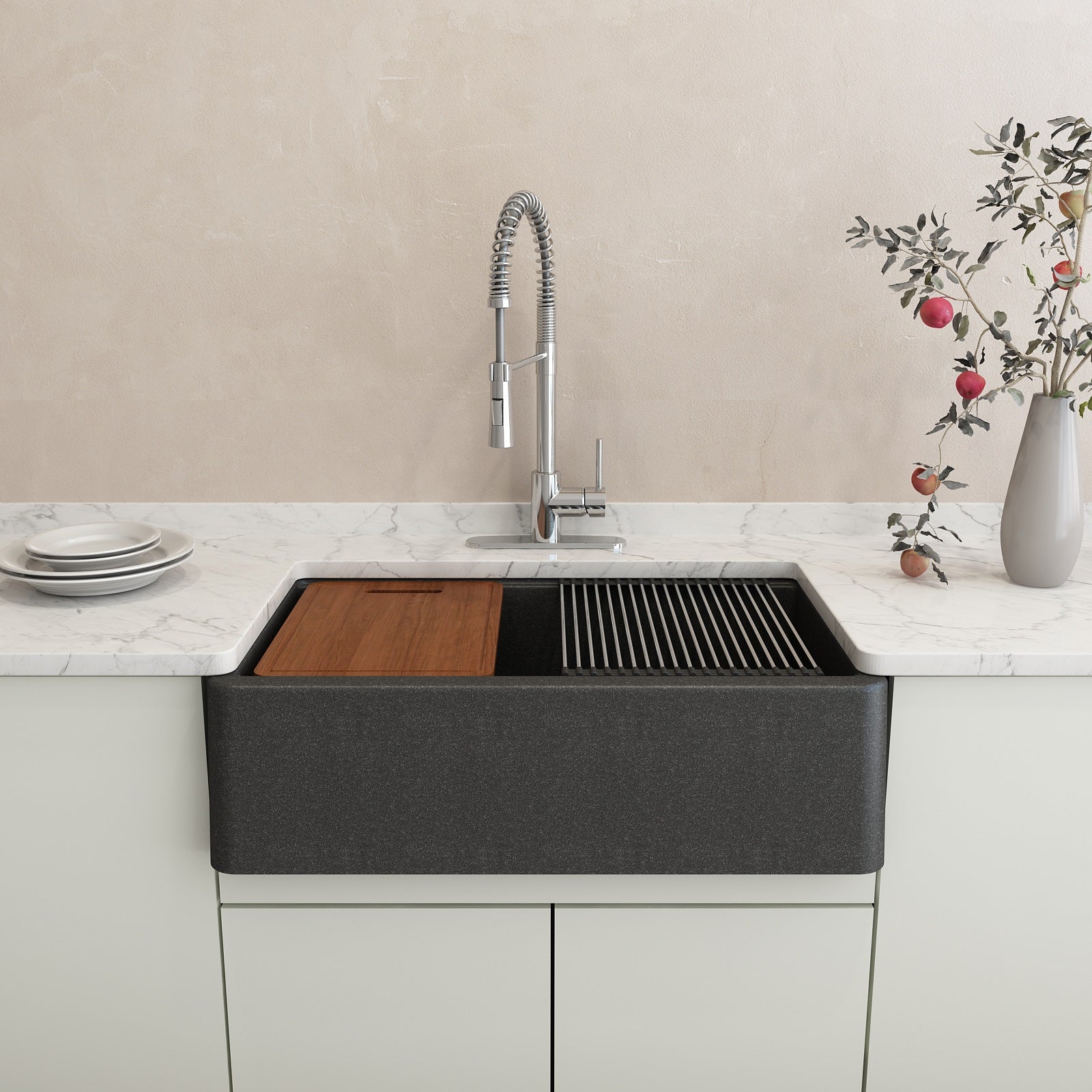 Bocchi 33" Metallic Black Apron-Front Workstation Granite Composite Kitchen Sink