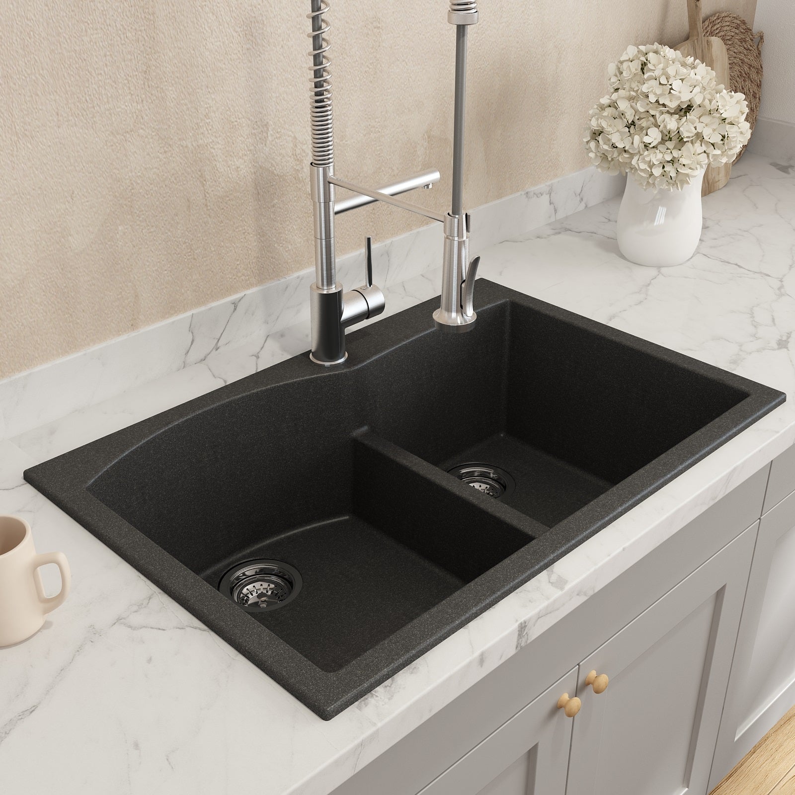 Bocchi 33" Dual Mount Granite Composite 60/40 Double Bowl Sink in Metallic Black