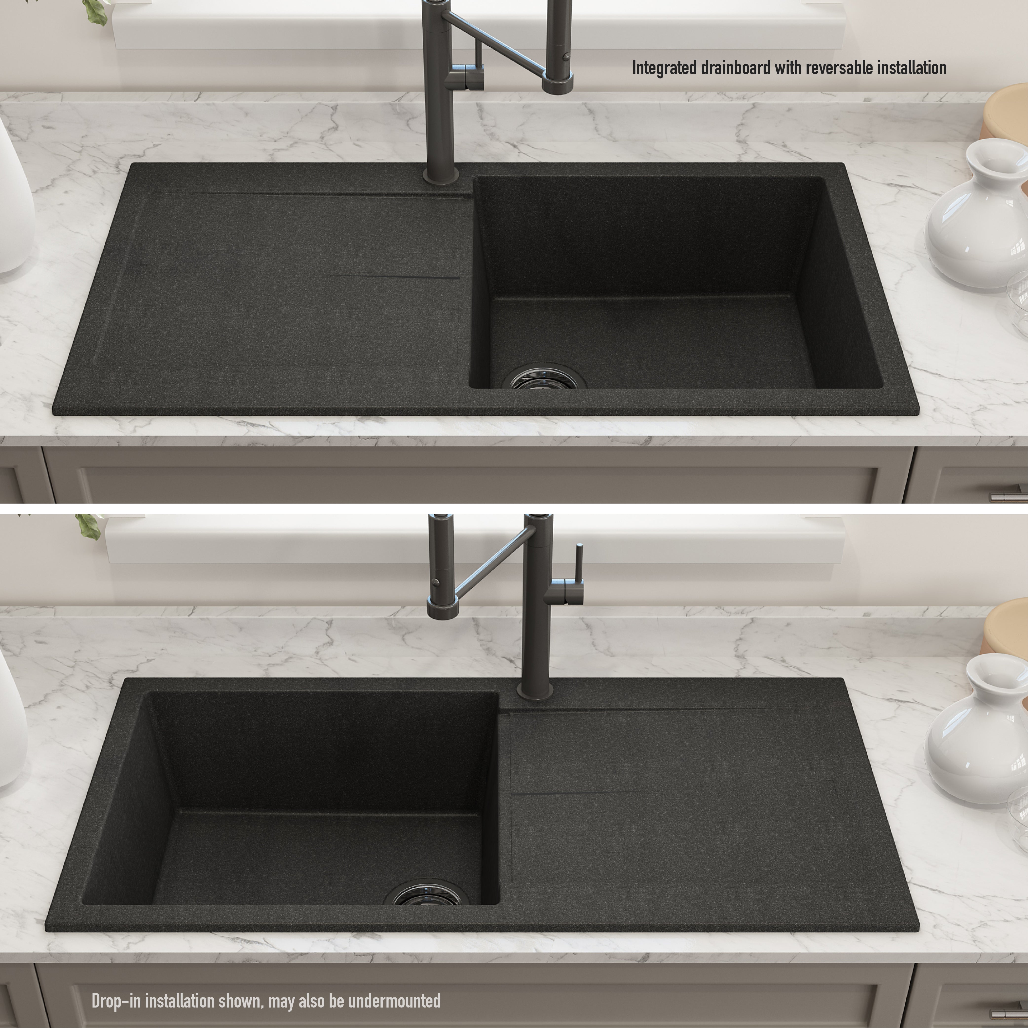 Bocchi 20" Dual-Mount Composite Kitchen Sink with Drain Board in Metallic Black