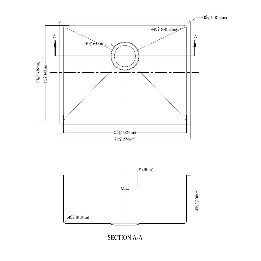 Dawn XSR201609 Undermount Extra Small Corner Radius Single Bowl