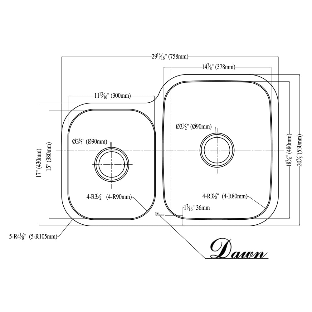 Dawn ASU110 30" Double Bowl Undermount 18 Gauge Stainless Steel Kitchen Sink