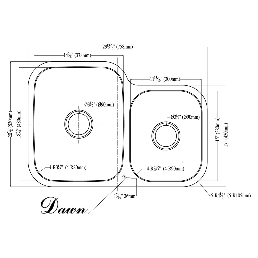 Dawn ASU110 30" Double Bowl Undermount 18 Gauge Stainless Steel Kitchen Sink