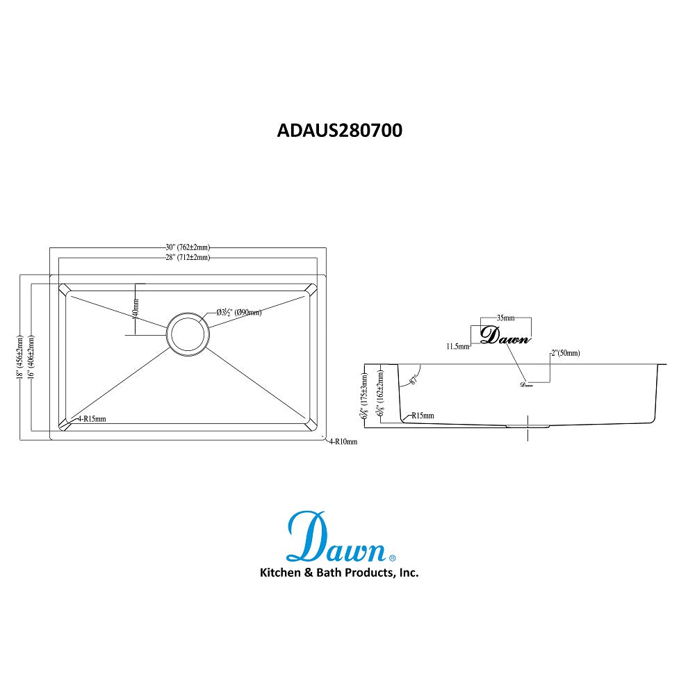 Dawn 30" Shallow Undermount Small Radius Kitchen Sink