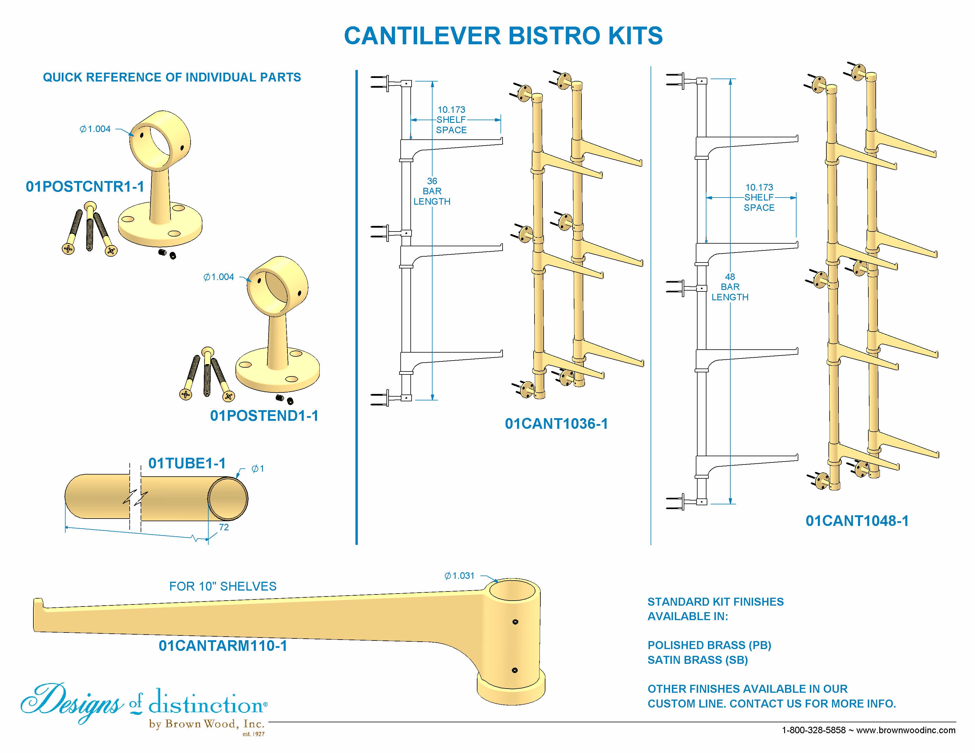 Cantilever Bistro Shelving in Satin Brass with Knurled Connectors