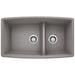 BLANCO Performa 32" SILGRANIT Low Divide Double Bowl Kitchen Sink in Metallic Gray