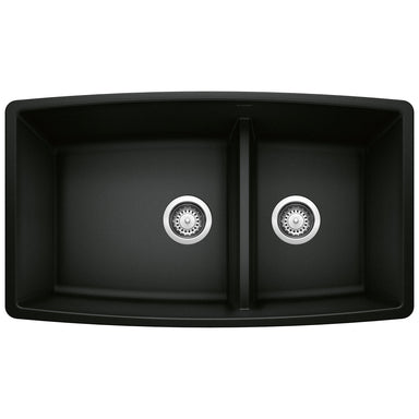 BLANCO Performa 32" SILGRANIT Low Divide Double Bowl Kitchen Sink in Coal Black