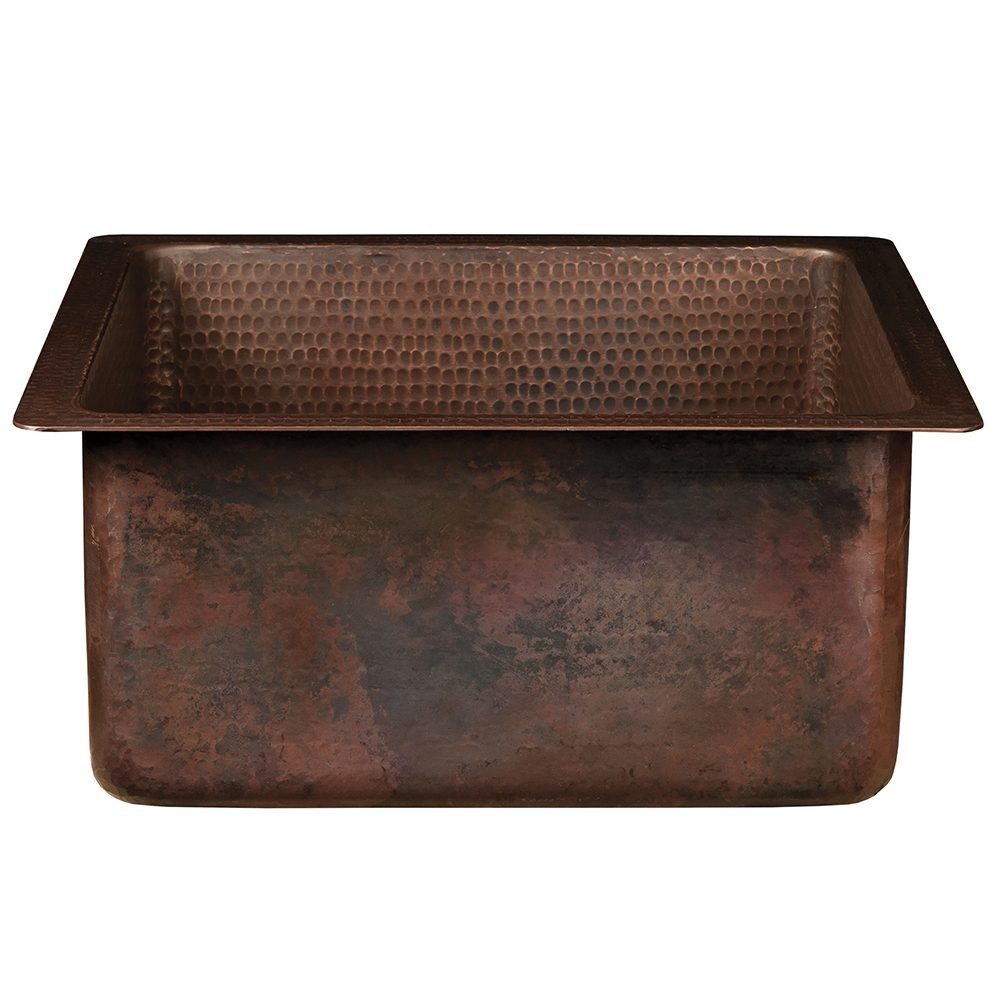 Premier Copper Products 16" Square Hammered Copper Bar/Prep Sink with 3.5" Drain Opening