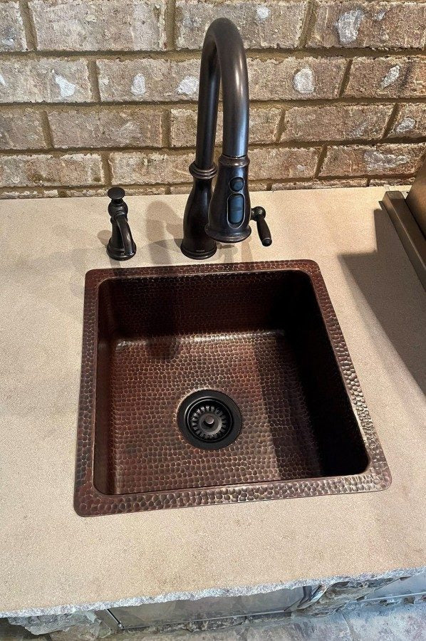 Premier Copper Products 16" Square Hammered Copper Bar/Prep Sink with 3.5" Drain Opening