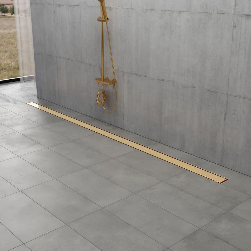 72" Stainless Steel Linear Shower Drain with Tile Insert & Flat Grate in Brushed Brass-DirectSinks