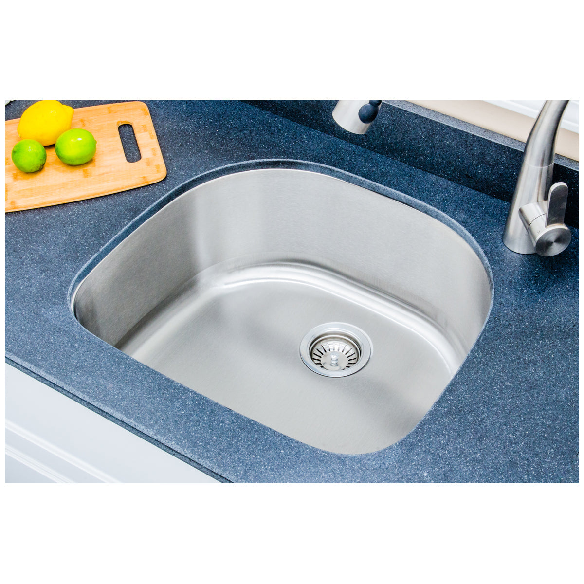 Wells Sinkware 24" 18-Gauge Undermount D-shaped Single Bowl Stainless Steel Kitchen Sink with Grid Rack and Basket Strainer