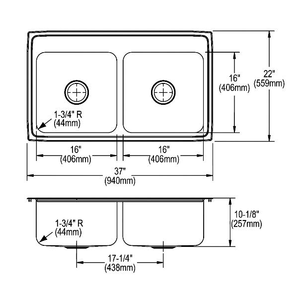 Elkay Lustertone Classic Stainless Steel 37" x 22" x 10-1/8", Equal Double Bowl Drop-in Sink