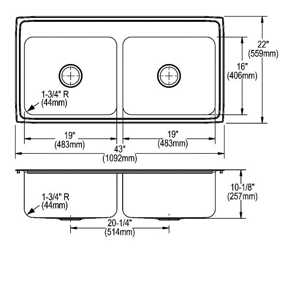 Elkay Lustertone Stainless 43" x 22" Equal Double Bowl Drop-in Sink
