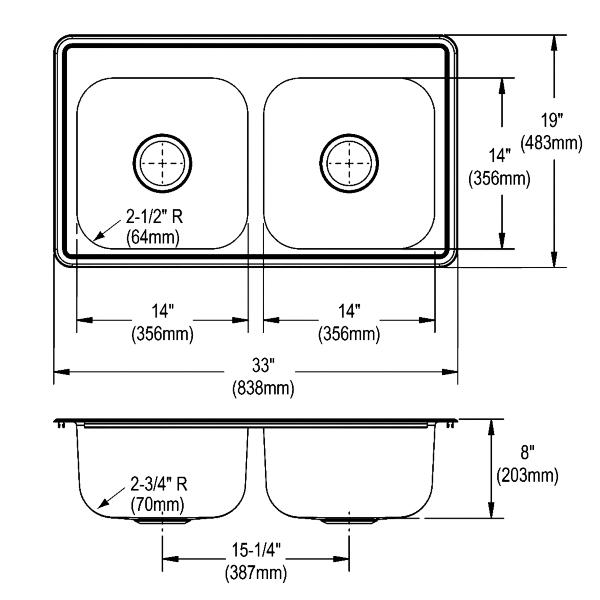 Elkay Dayton Stainless Steel 33" x 19" x 8" Equal Double Bowl Drop-in Sink