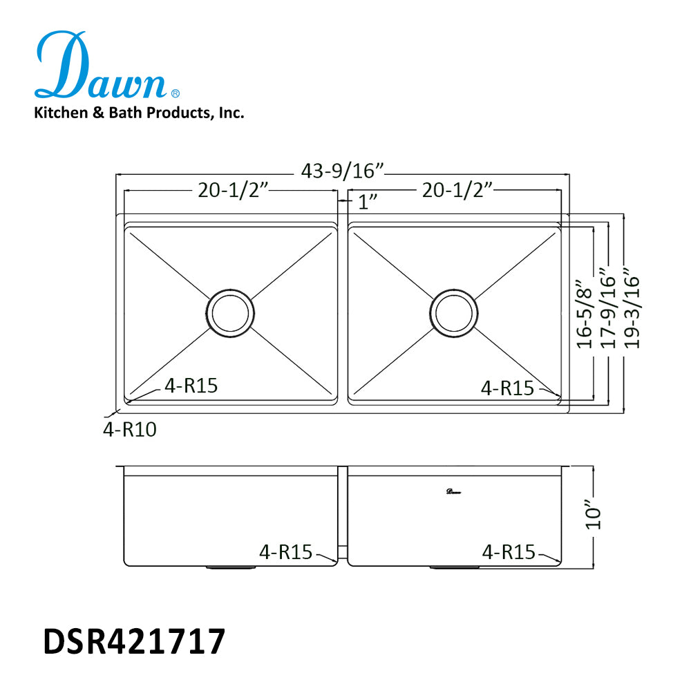 Extra Large 44" Workstation Equal Double Bowl Kitchen Sink with Small Radius Corners