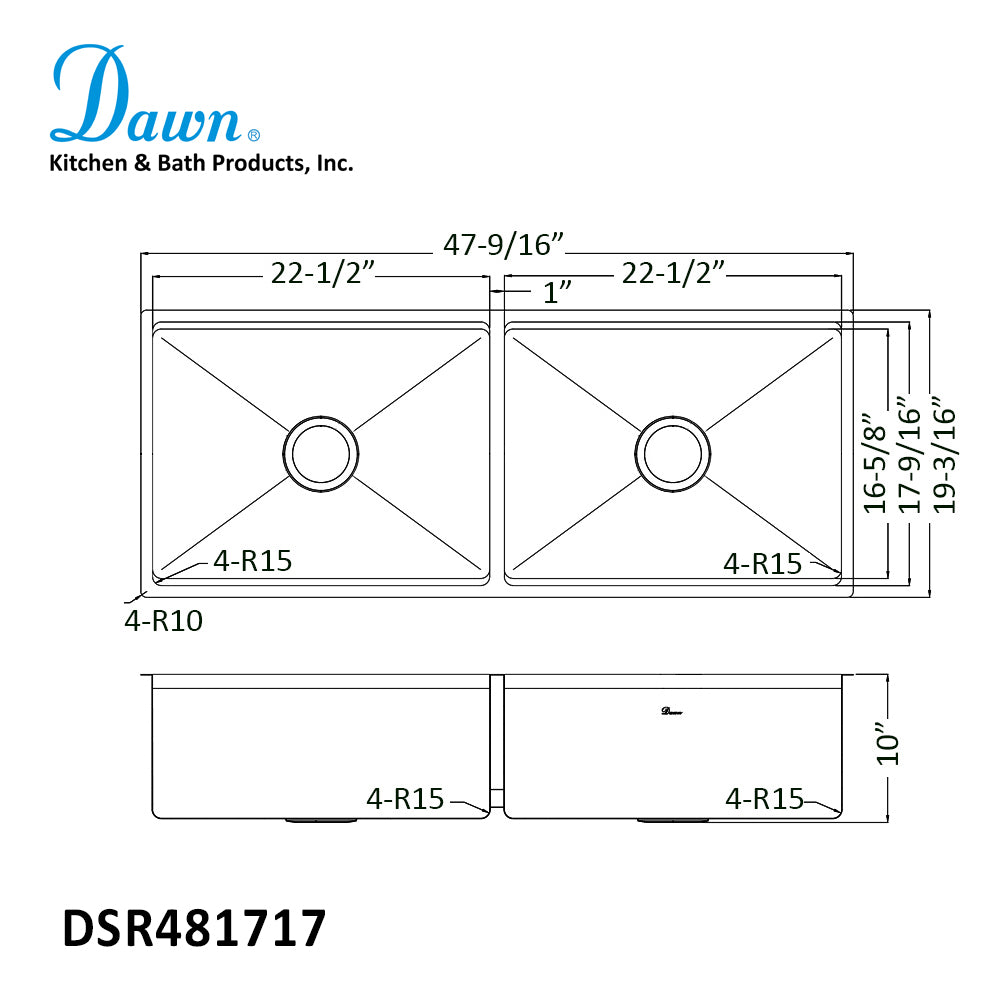 Extra Large 48" Workstation Equal Double Bowl Kitchen Sink with Small Radius Corners