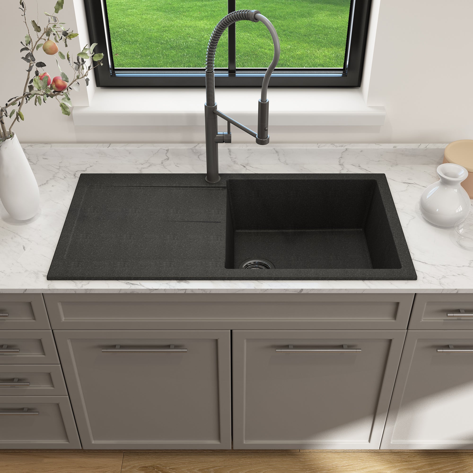 Bocchi 20" Dual-Mount Composite Kitchen Sink with Drain Board in Metallic Black