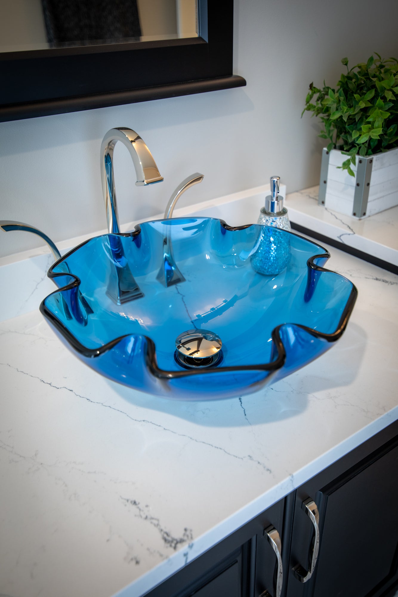 Eden Bath Wave Rim Blue Glass Vessel Sink