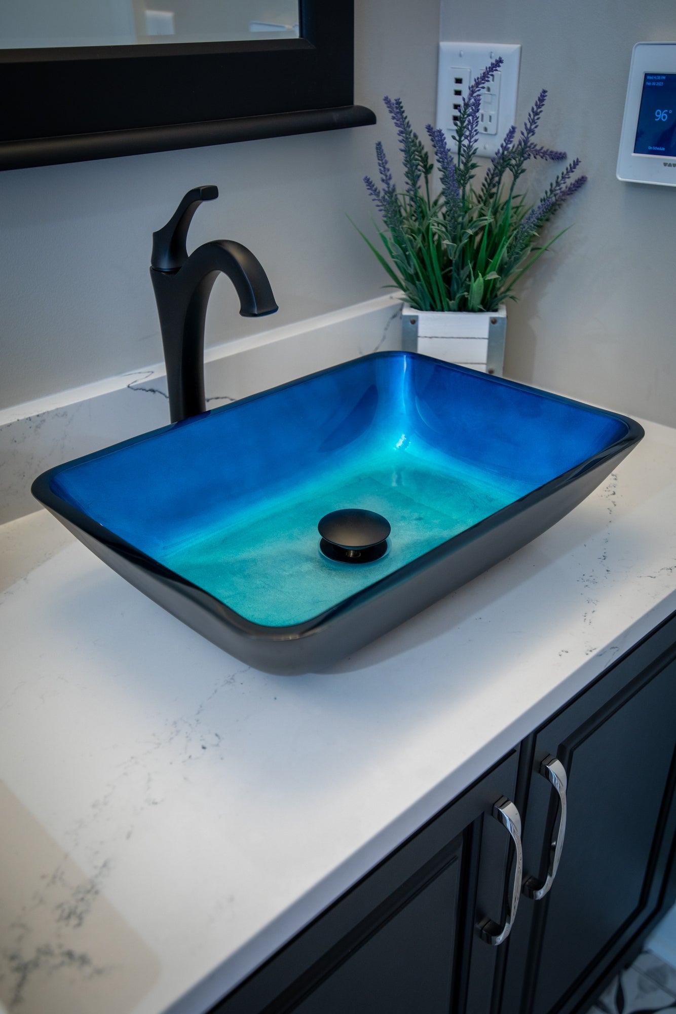Eden Bath Rectangular Turquoise Blue Foil Glass Vessel Sink with Black Exterior