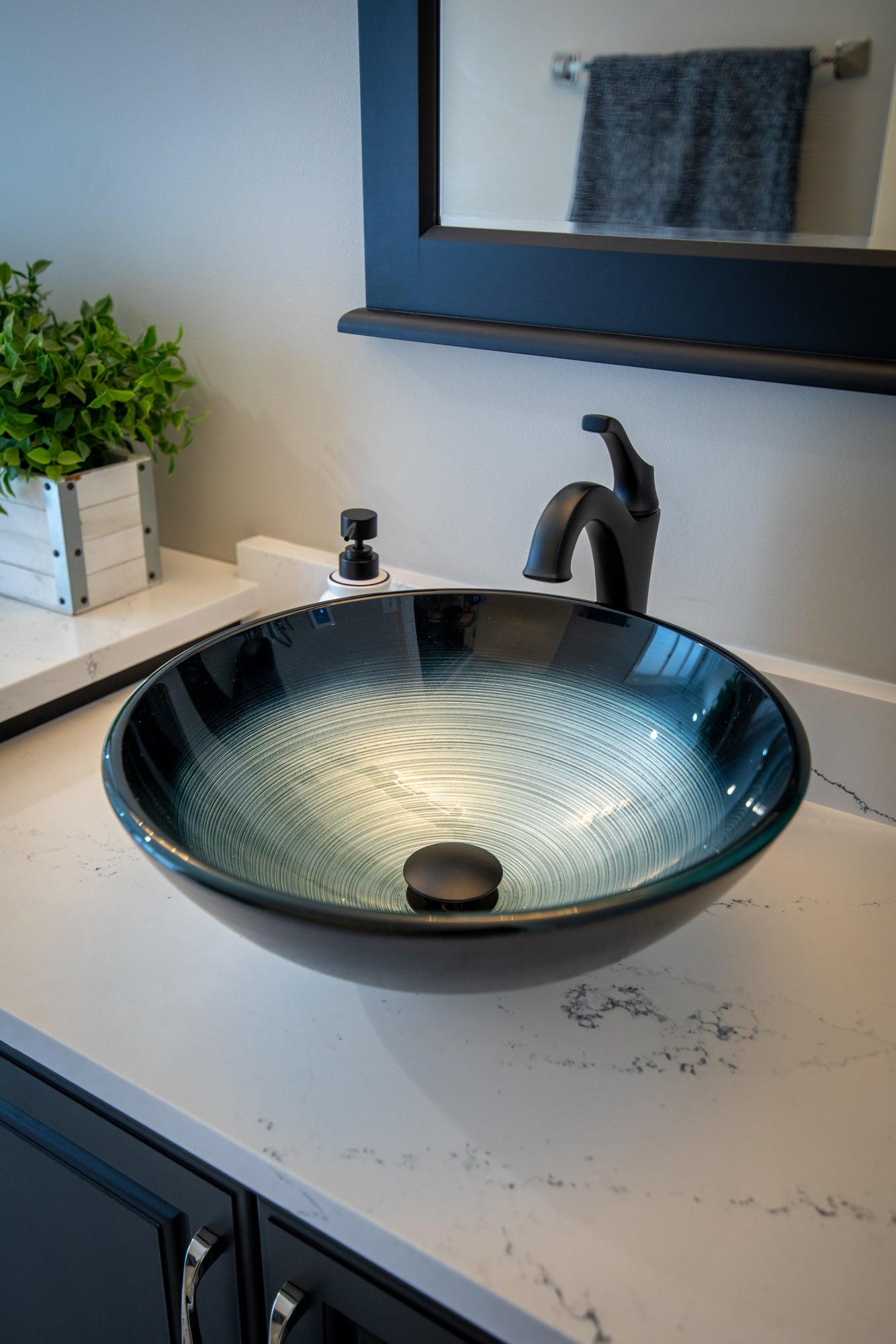 Eden Bath Silver and Blue Rings Glass Vessel Sink