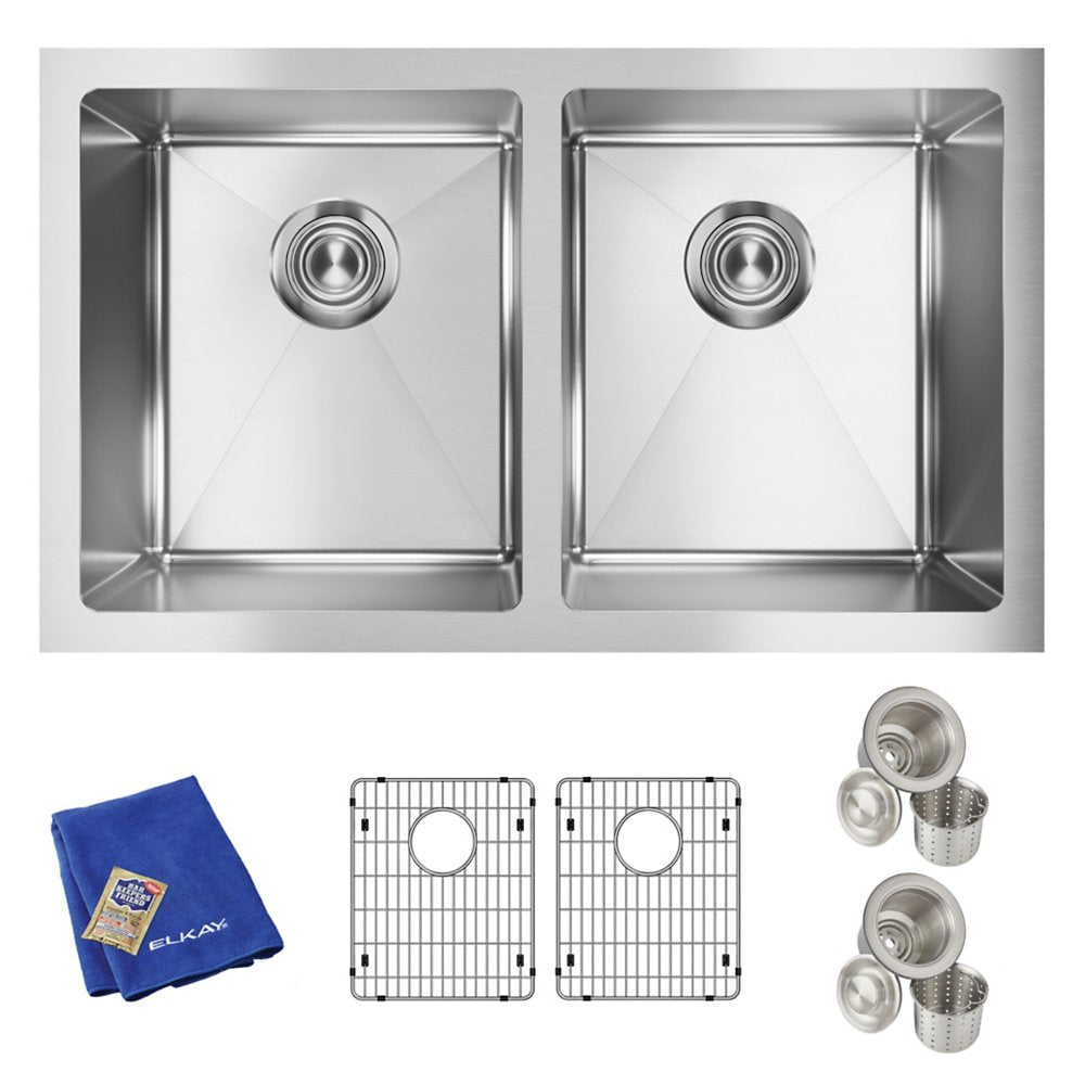 Elkay Crosstown 16 Gauge Stainless Steel, 30-3/4" x 18-1/2" x 10" Equal Double Bowl Undermount Sink Kit