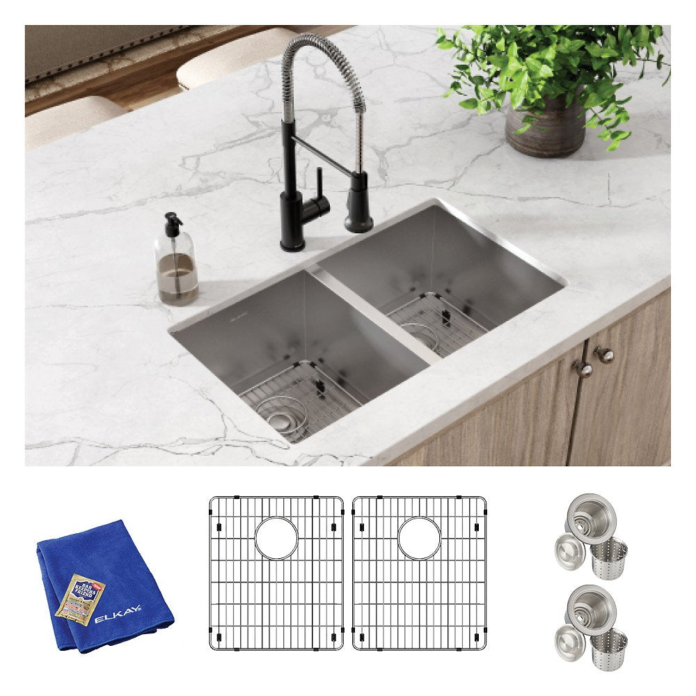 Elkay Crosstown 16 Gauge Stainless Steel, 30-3/4" x 18-1/2" x 10" Equal Double Bowl Undermount Sink Kit