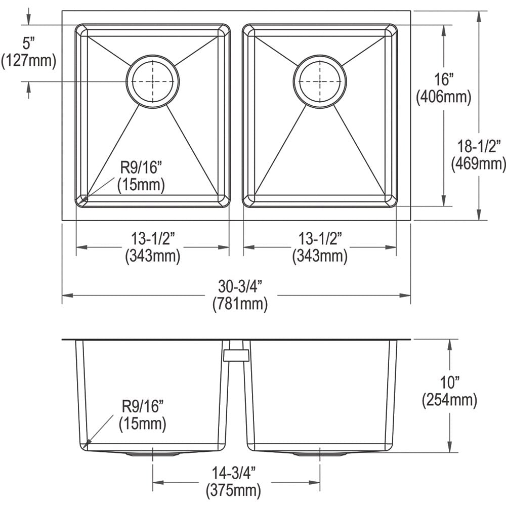 Elkay Crosstown 16 Gauge Stainless Steel, 30-3/4" x 18-1/2" x 10" Equal Double Bowl Undermount Sink Kit