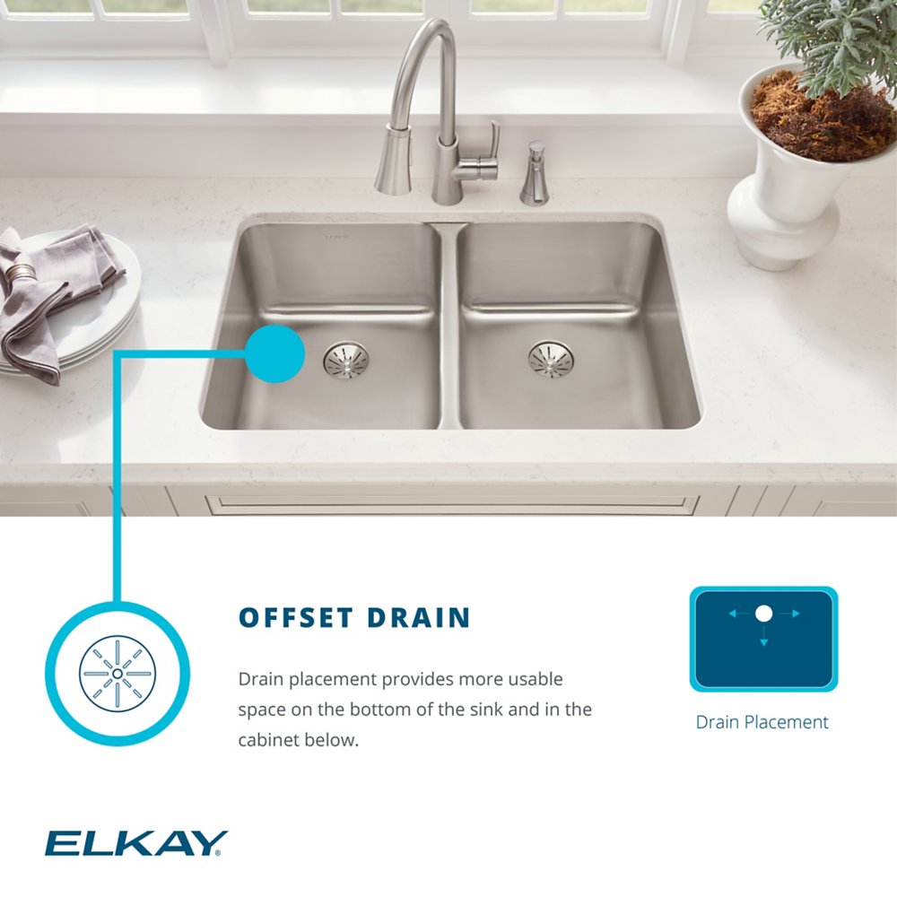 Elkay Lustertone Classic Stainless Steel 31-1/2" x 21-1/8" x 10", Offset 70/30 Double Bowl Undermount Sink
