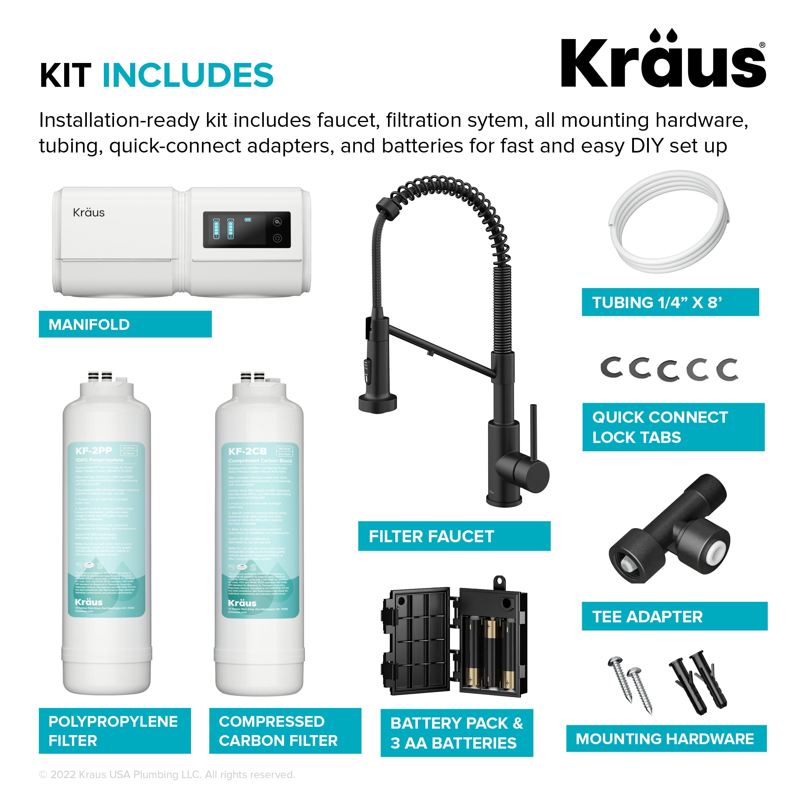 KRAUS Bolden 2-in-1 Pull-Down Single Handle Water Filter Kitchen Faucet in Matte Black with Purita 2-Stage Under-Sink Filtration System-DirectSinks