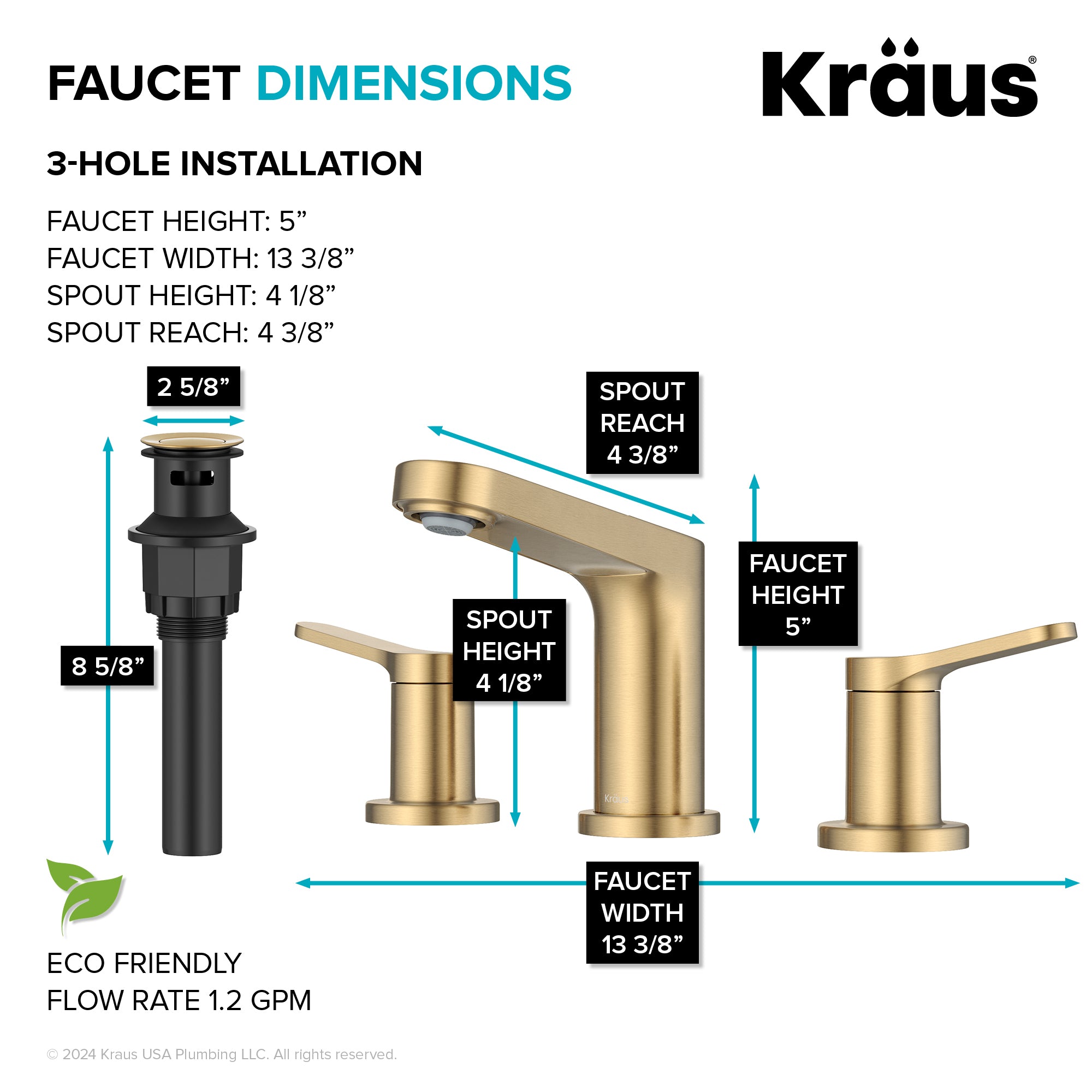 KRAUS Indy Widespread Bathroom Faucet in Spot-Free Brushed Brass-DirectSinks