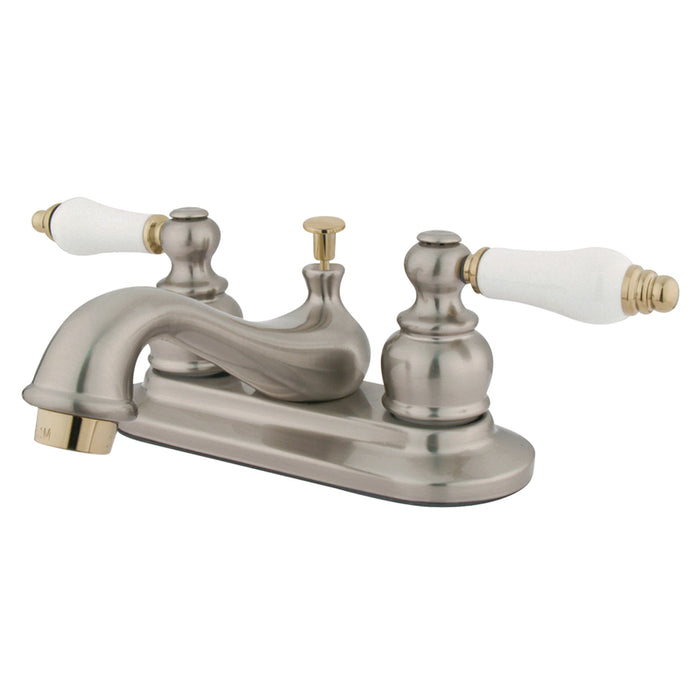 Kingston Brass Water Saving Restoration Centerset Lavatory Faucet with Ceramic and Oak Handles