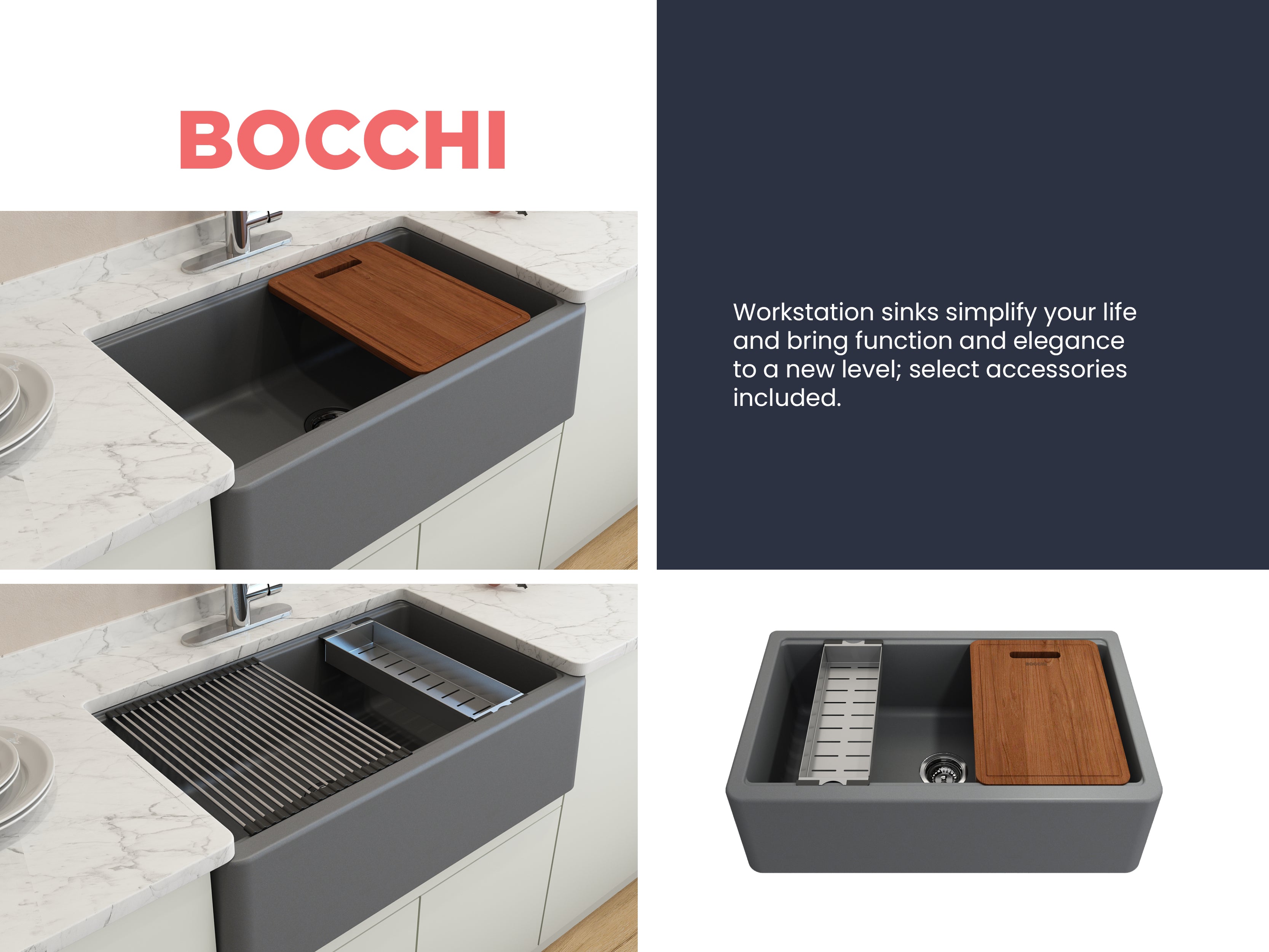 Bocchi 33" Concrete Gray Apron-Front Workstation Granite Composite Kitchen Sink