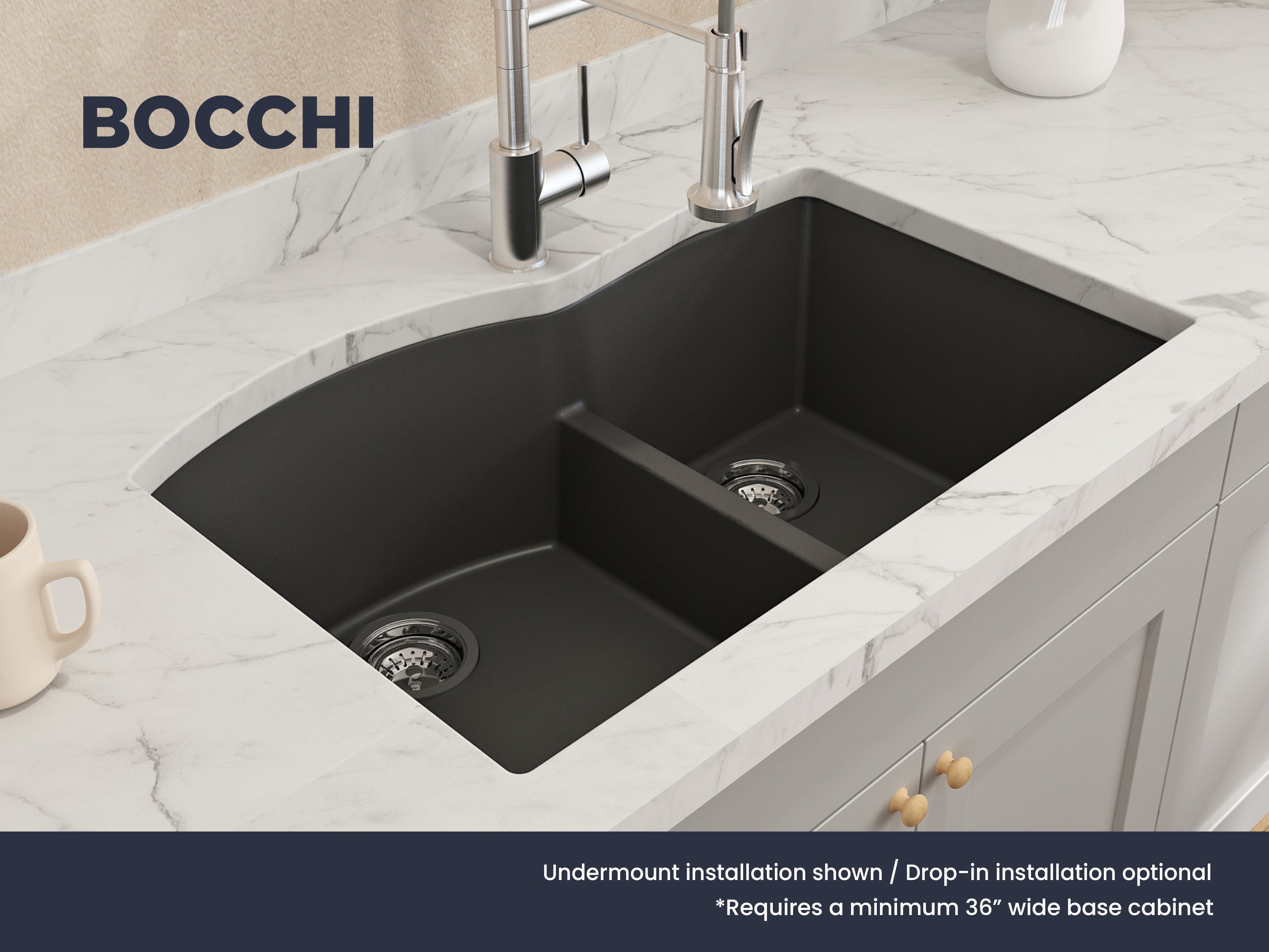 Bocchi 33" Dual Mount Granite Composite 60/40 Double Bowl Sink in Matte Black