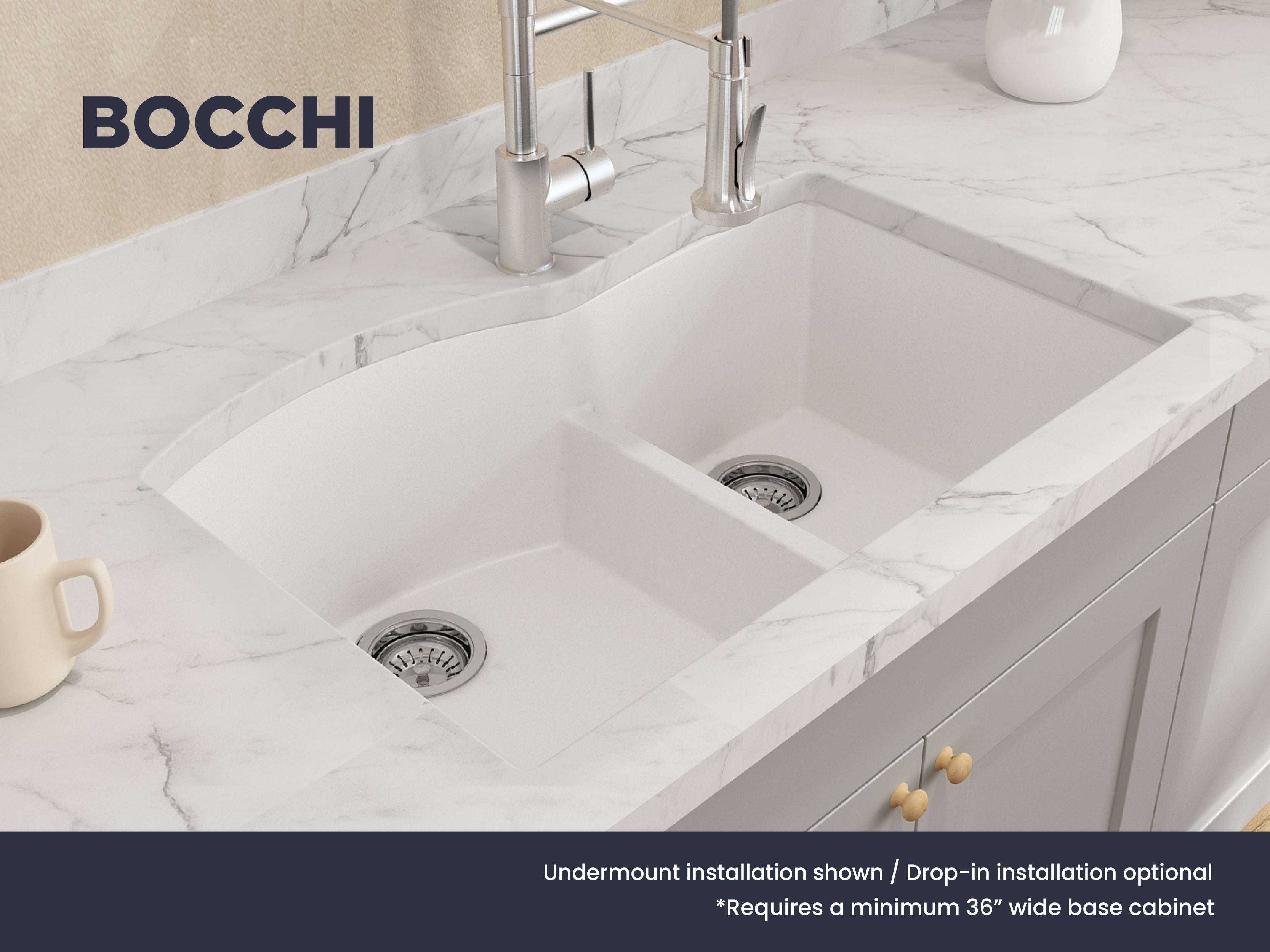 Bocchi 33" Dual Mount Granite Composite 60/40 Double Bowl Sink In Milk White