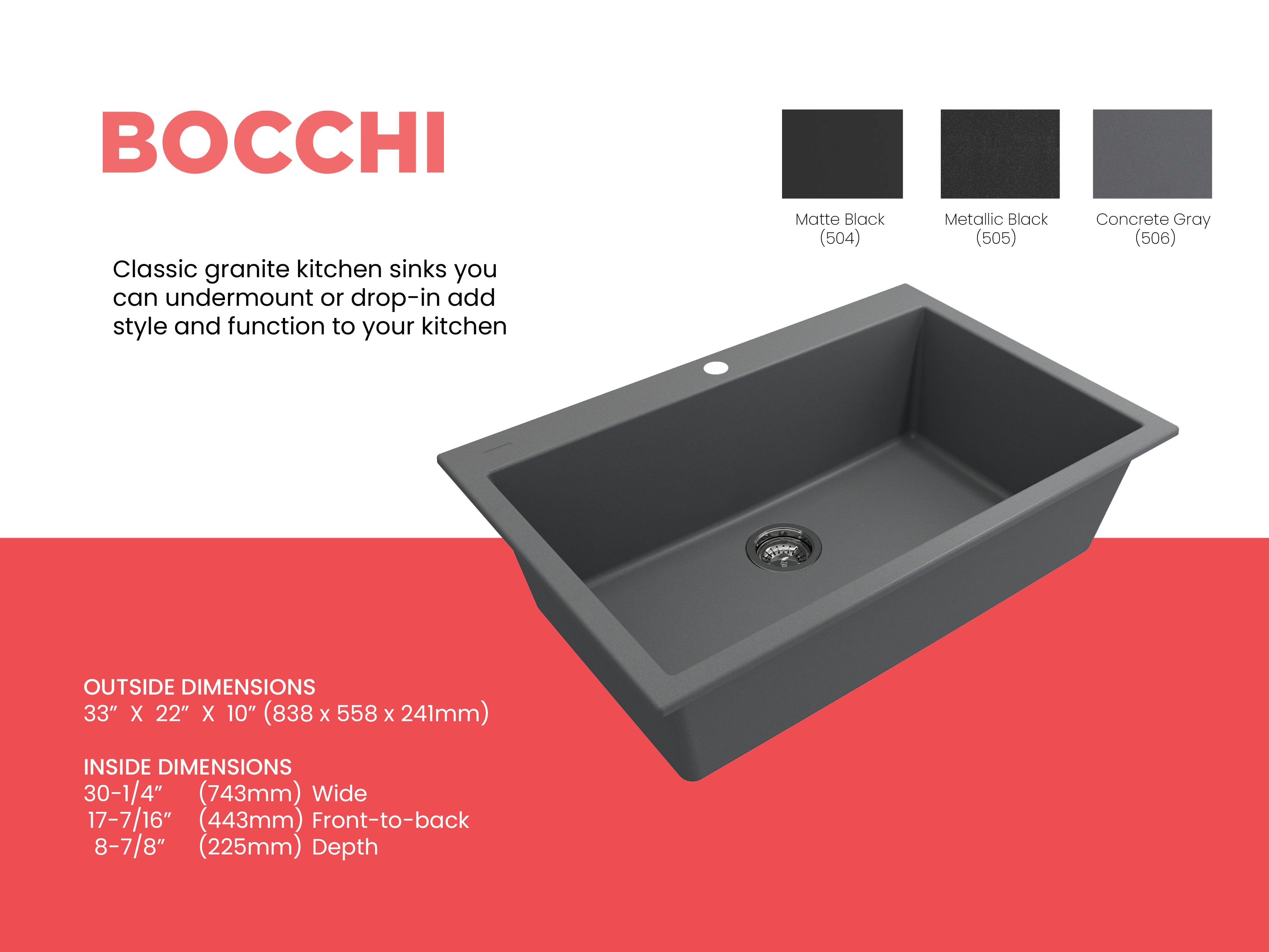 Bocchi Concrete Gray Composite 33" Single Bowl Kitchen Sink